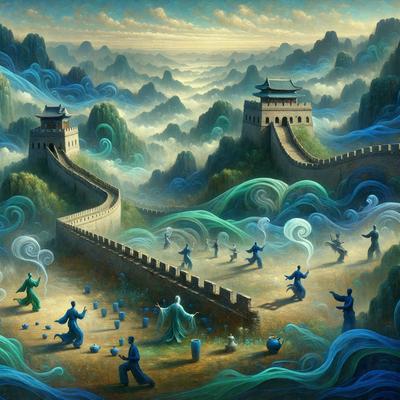 The primary subject of the image is a group of people standing in front of a large brick wall. The setting is a mountainous landscape with a backdrop of a large wall, possibly a part of the Great Wall of China. The visual style is a combination of digital art and illustration, creating a vibrant and detailed scene. The colors and mood of the image are predominantly blue, with a sense of tranquility and serenity.